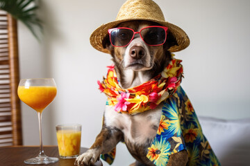 Dog with holiday vacation vibes and cocktail, dressed in straw hat, sunglasses - 750707555