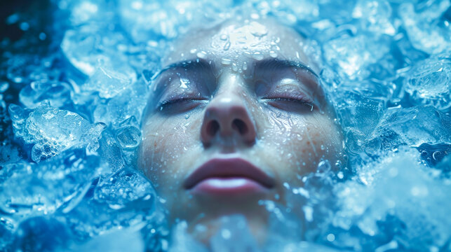 Close-up of a woman's face during cryopreservation, surrounded by ice