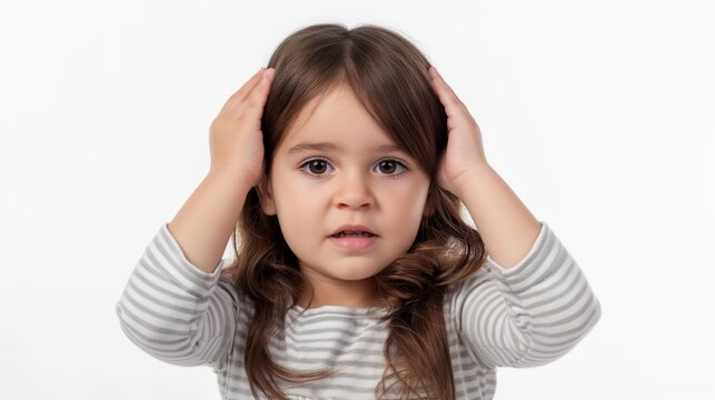 Portrait of little girl holding hands on head against white background.