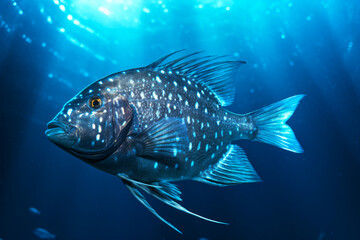 Underwater View of a Spotted Fish in the Ocean with Sunlight Filtering Through Water