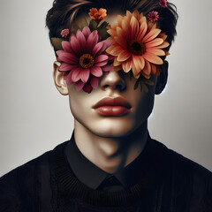Young Man with Flower Head: Artistic Color Graphic