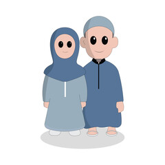 character cute ramadhan concept illustration happy muslim family celebrate holy month ramadhan mosque sillhouette vector illustration