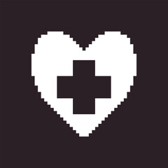 black and white simple flat 1bit pixel art abstract medical cross inside heart icon