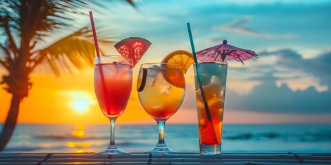 Summer cocktails on a tropical beach resort at sunset