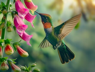 A fiery-throated hummingbird gracefully pollinates purple flowers, a dance of nature's pollination process