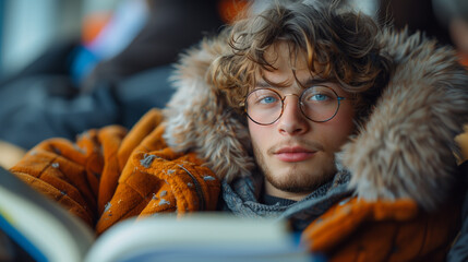 Obraz premium Serene moments of study, young, handsome, and beautiful, the quiet before exams.