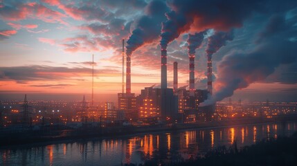 Futuristic power plant with towering chimneys and a glowing infrastructure at dusk - obrazy, fototapety, plakaty