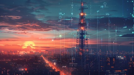 Wireless power transmission tower lighting up a futuristic city