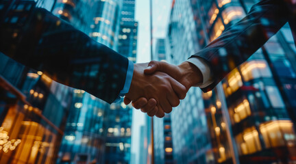 Corporate handshake, detailed view of two business professionals in a moment of agreement, skyscraper office background, symbolizing successful negotiation