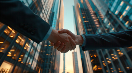 Corporate handshake, detailed view of two business professionals in a moment of agreement, skyscraper office background, symbolizing successful negotiation - obrazy, fototapety, plakaty