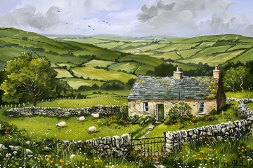 Countryside in the hills lush green fields and ancient stone cottages with sheeps in the field