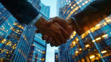 Corporate handshake, detailed view of two business professionals in a moment of agreement, skyscraper office background, symbolizing successful negotiation - obrazy, fototapety, plakaty