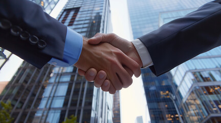 Corporate handshake, detailed view of two business professionals in a moment of agreement, skyscraper office background, symbolizing successful negotiation