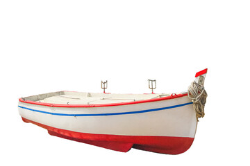 small white fishing boat with red and blue stripes isolated