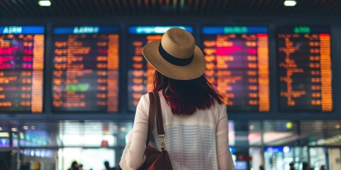 Woman tourist looking at flight schedule at airport