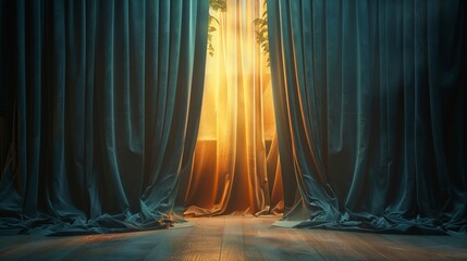 Velvet curtains part to reveal an enigmatic glow - obrazy, fototapety, plakaty