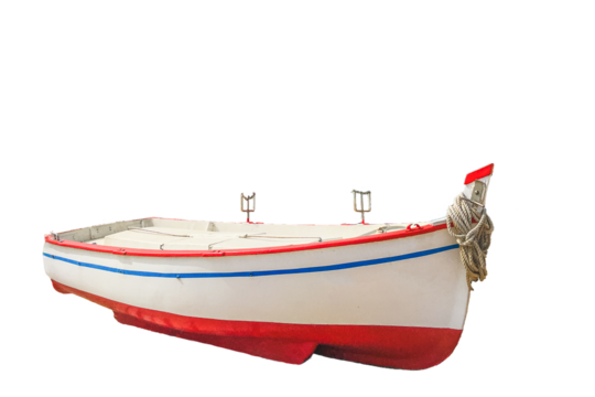 small white fishing boat with red and blue stripes isolated - Powered by Adobe
