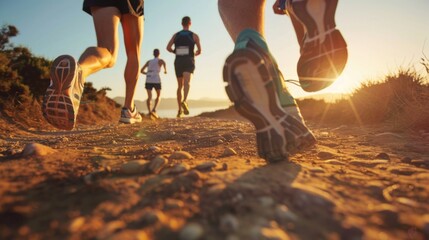 photography close up legs runner group running on sunrise seaside trail  