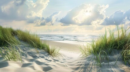 idyllic beach scene with pristine dunes and a calm ocean horizon