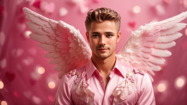 Man in a cupid costume on a pink background