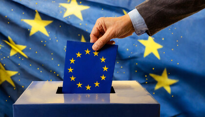 Closeup of a male hand inserting a ballot to European Union ballot box with EU flag colors and stars. European Union elections concept. Generative Ai. - obrazy, fototapety, plakaty