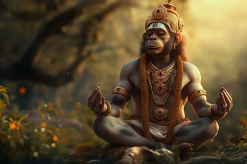 Meditating Hanuman, an ape-like deity, the leader of the monkeys - obrazy, fototapety, plakaty