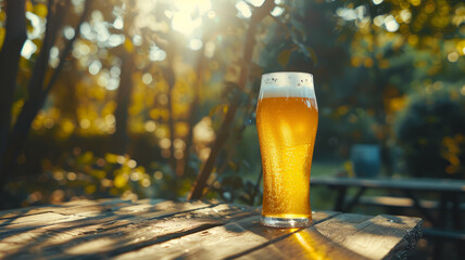 A full glass of cold lager beer with frothy foam. - obrazy, fototapety, plakaty