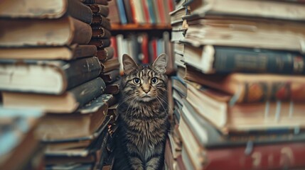 In a quiet corner of a library, a cat sits among stacks.