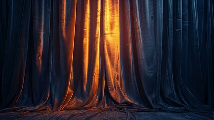 Velvet curtains part to reveal an enigmatic glow - obrazy, fototapety, plakaty