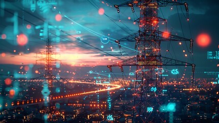 Wireless power transmission tower lighting up a futuristic city