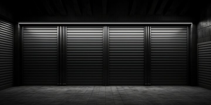 Shutters, gates, steel doors, loading section, garage view. locking mechanism. black grey. wide format.