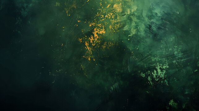 Abstract grunge dark green background with golden splashes.