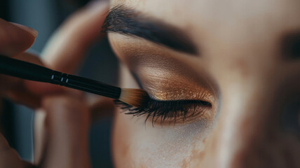 A woman applying eyeshadow on her face.