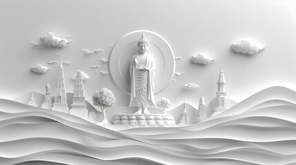 3D Paper Art of Buddha in Monochrome Cityscape with Clouds - obrazy, fototapety, plakaty