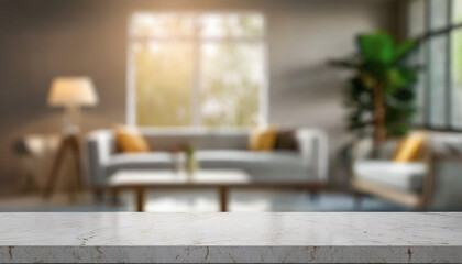 Modern empty light white marble table on a luxury living room interior background with blurred bokeh. for display of assembly products, space for text