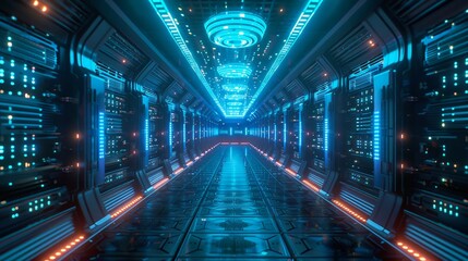 Perspective view of a futuristic data center with glowing blue servers