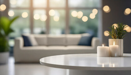 Modern empty light white table on a luxury living room interior background with blurred bokeh. for display of assembly products, space for text