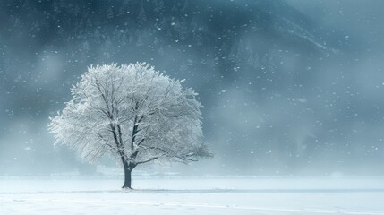 A dramatic landscape engulfed by a snow squall. The foreground shows a lone, snow-covered tree standing resiliently against the harsh winter conditions. - obrazy, fototapety, plakaty