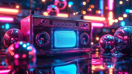 Electric nostalgia blast with a classic boombox amidst neon lights and disco spheres