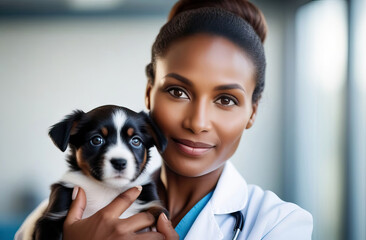 Portrait of a dark-skinned female veterinarian showing her devotion and love for animals by holding...