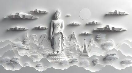 3D Paper Cutout of a Buddha Silhouette in a Mountainous Landscape