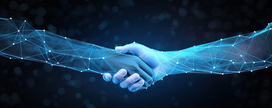 Abstract image of Business handshake in glowing blue. Low polygon, particle, and triangle style design.Wireframe light connection structure or points