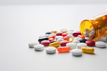 Assorted medications spread from orange bottle on surface