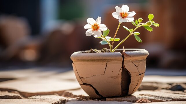 Surviving plant in broken pot under sunlight