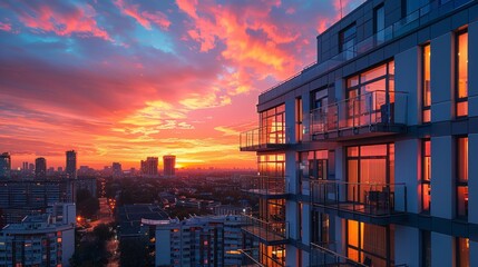 Urban twilight panorama with a chic apartment block glowing under a vivid sunset sky - obrazy, fototapety, plakaty