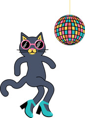 dancing cat around the disco ball funny animal pet. Animal lovers. Party. Vector illustration on white background.