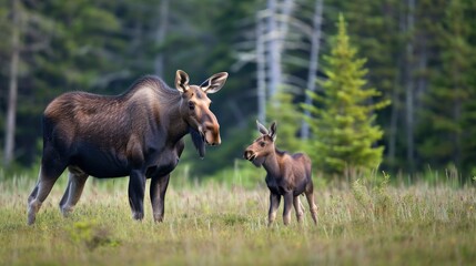 Naklejka na ściany i meble Female moose standing with her cubs on the savanna with pine forest background