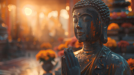 pray buddha statue with blurry background