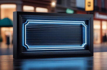 Fototapeta premium Blank black outdoor banner mockup with city background. Isolated surface for ad design promotion. Blank horizontal street advertising pillar. Mock up template. billboard, public information board