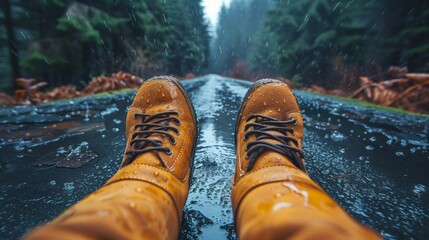 feets of a traveler in yellow boots on a wet road - obrazy, fototapety, plakaty
